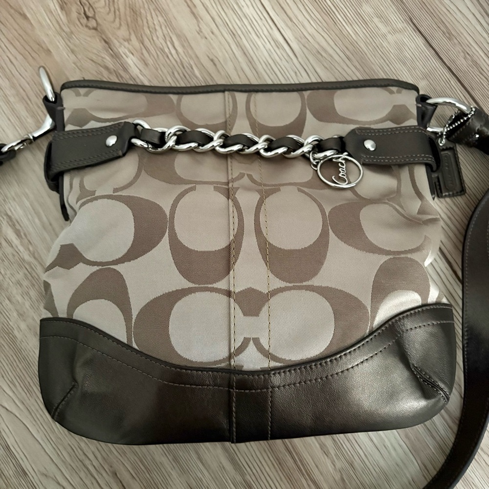 COACH F19730 Signature Chain Brown Beige Convertible Crossbody Shoulder bag - Picture 2 of 14